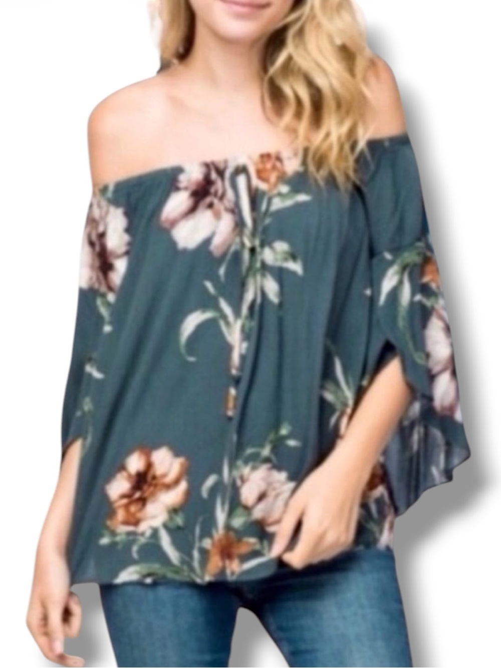 Francesca’s inTu Top Green Floral Print Off The Shoulder Croppy Size Small 🍭